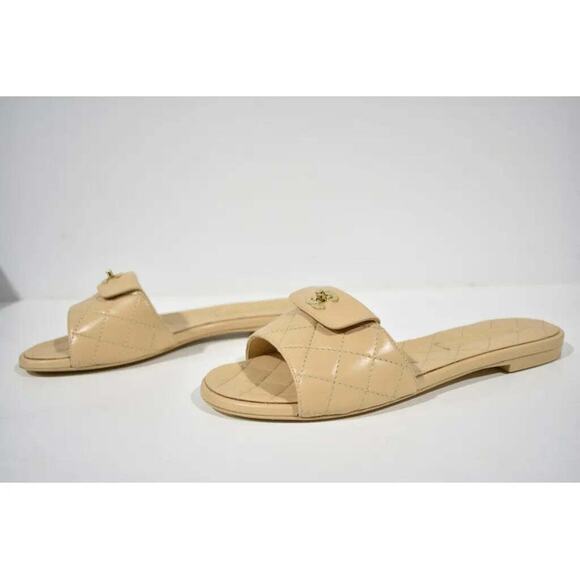 Chanel REV Beige Turnlock Quilted Gold CC Logo Mules Slide Sandal Flop Flat 37 - Picture 10 of 11